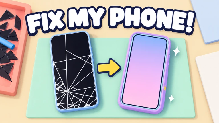 Official Fix My Phone artwork showing a cracked phone and a repaired phone on a work mat
